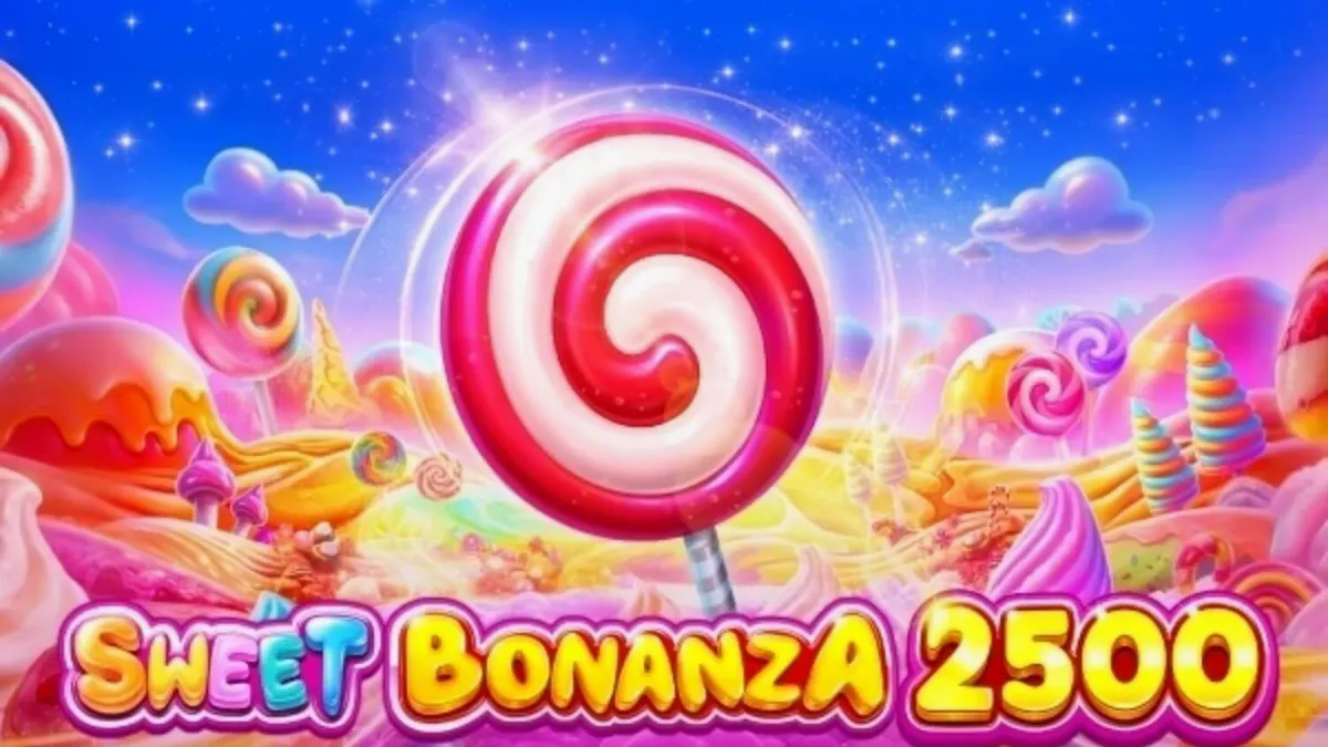 Tampilan visual penuh warna dari mesin slot Sweet Bonanza 2500 dengan simbol permen dan buah-buahan.
