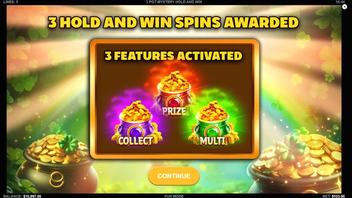 3 Pot Mystery Hold and Win slot game interface featuring golden pots and mysterious symbols