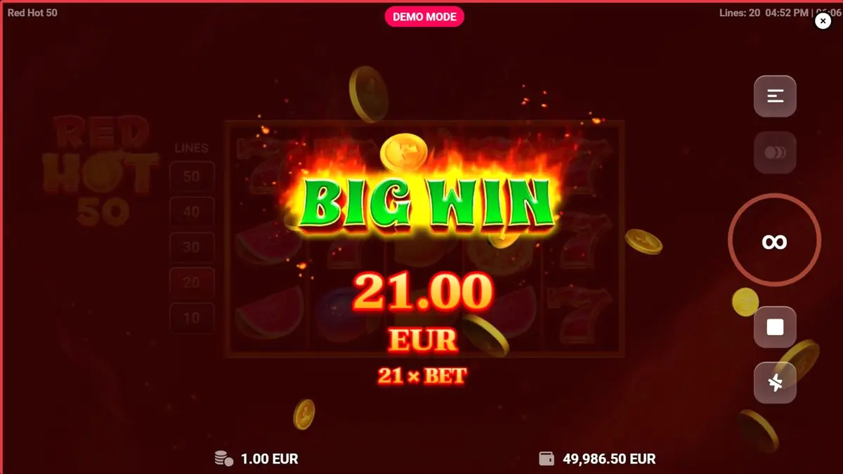 Tampilan visual slot Red Hot 50 dengan simbol buah dan latar belakang api